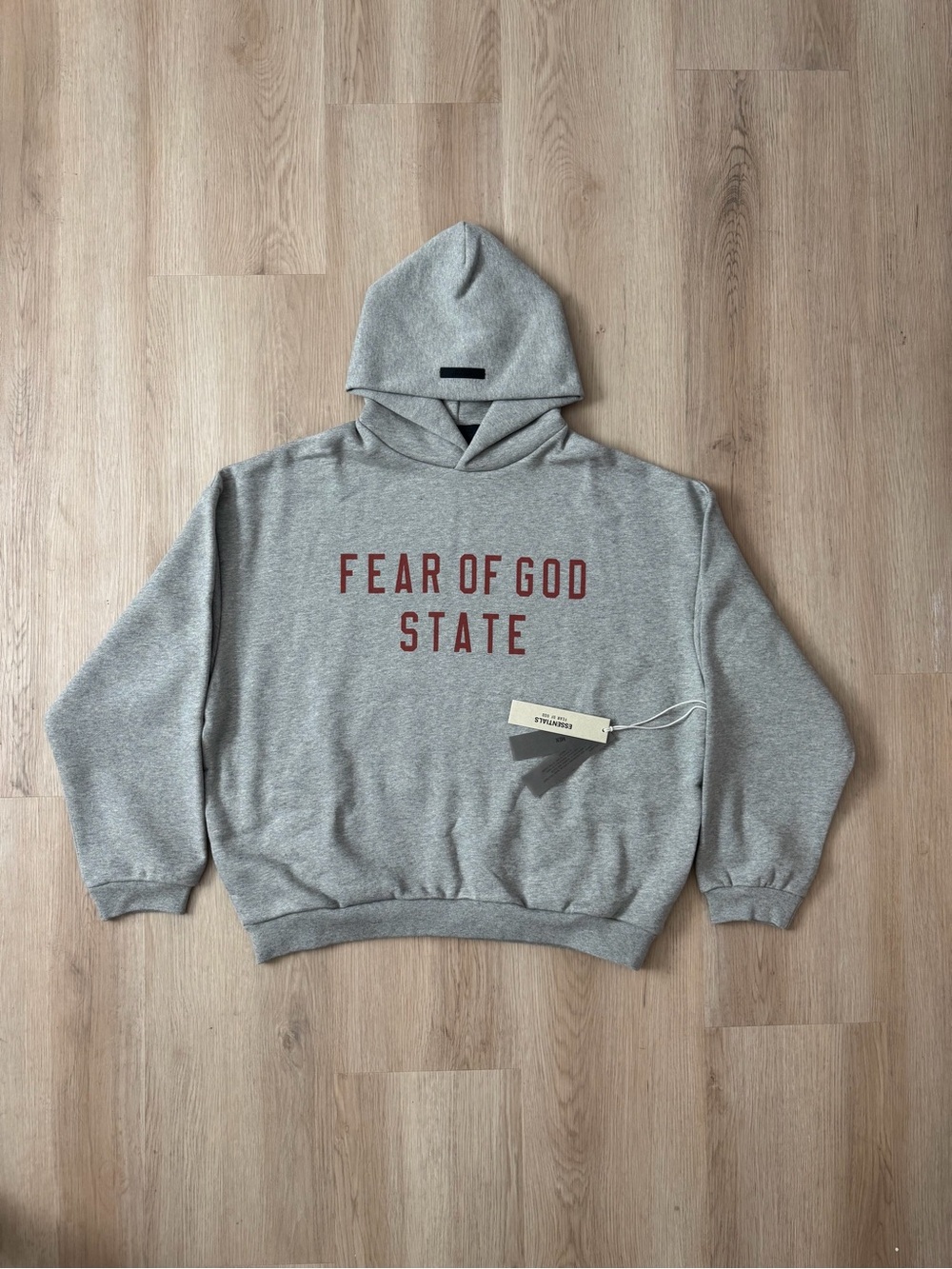 Fear of God Grey Hoodie with Red "FEAR OF GOD STATE" Chest Logo